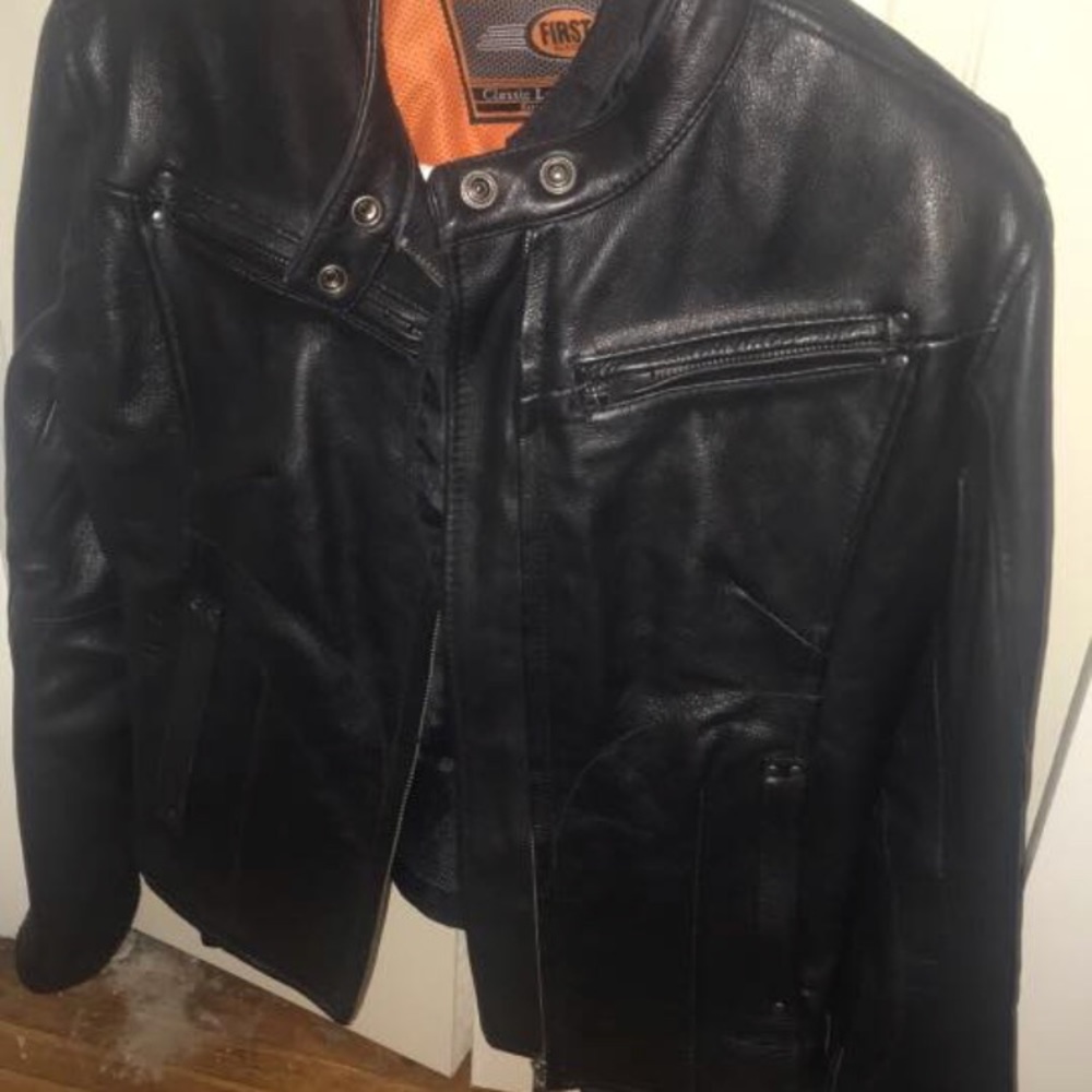 Women’s small leather motorcycle jacket.